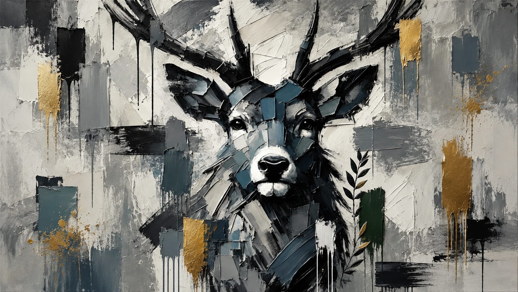 Œuvre à la spatule — cerf, noir, gris et or