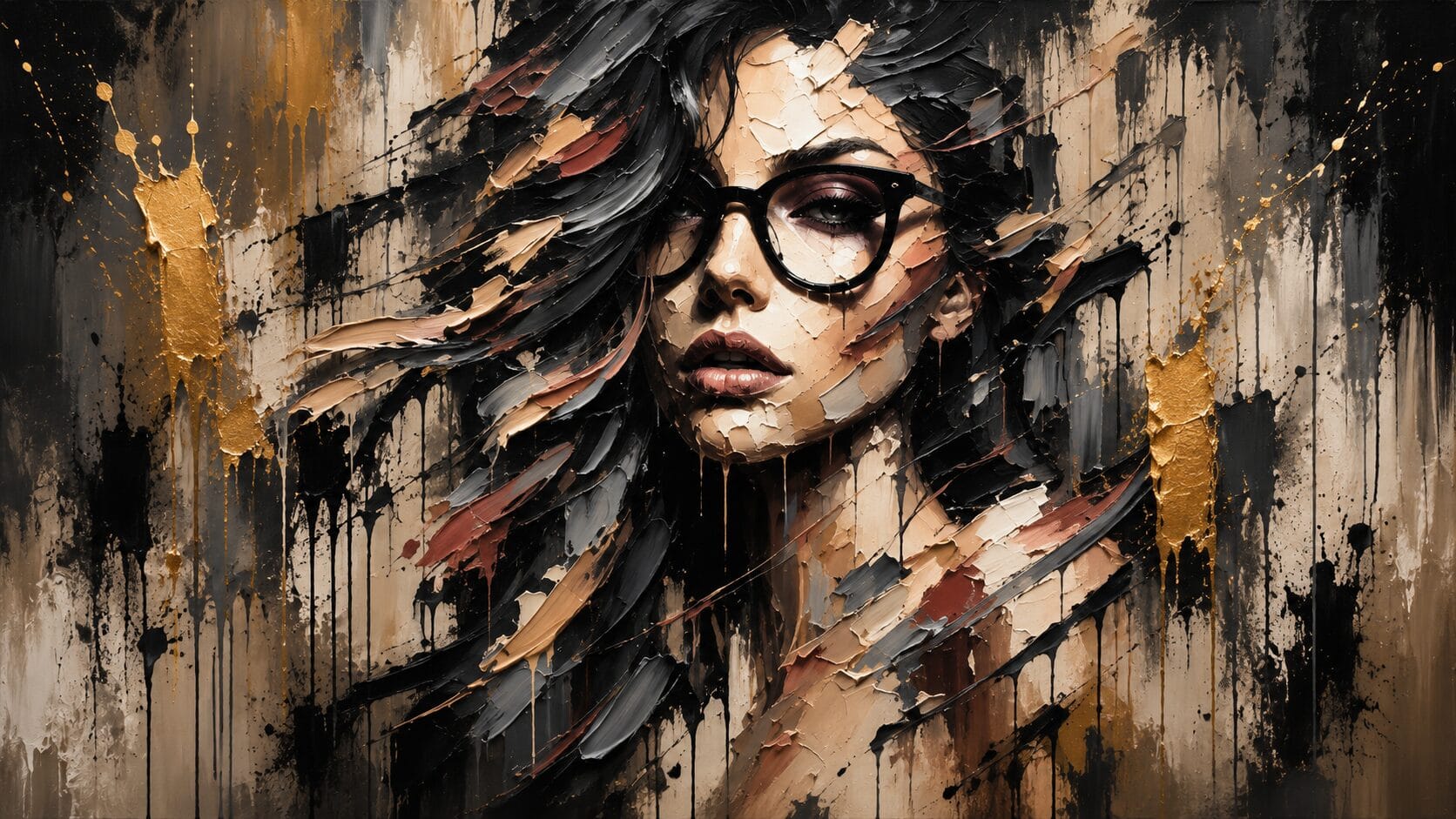 Œuvre à la spatule — portrait féminin, noir et or
