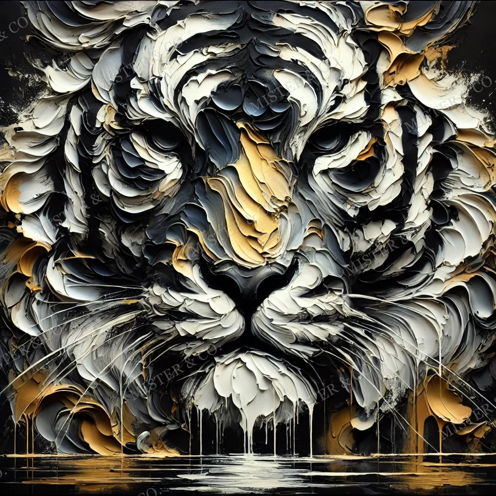 Gros plan d'un lion abstrait noir, blanc et doré avec texture en relief.