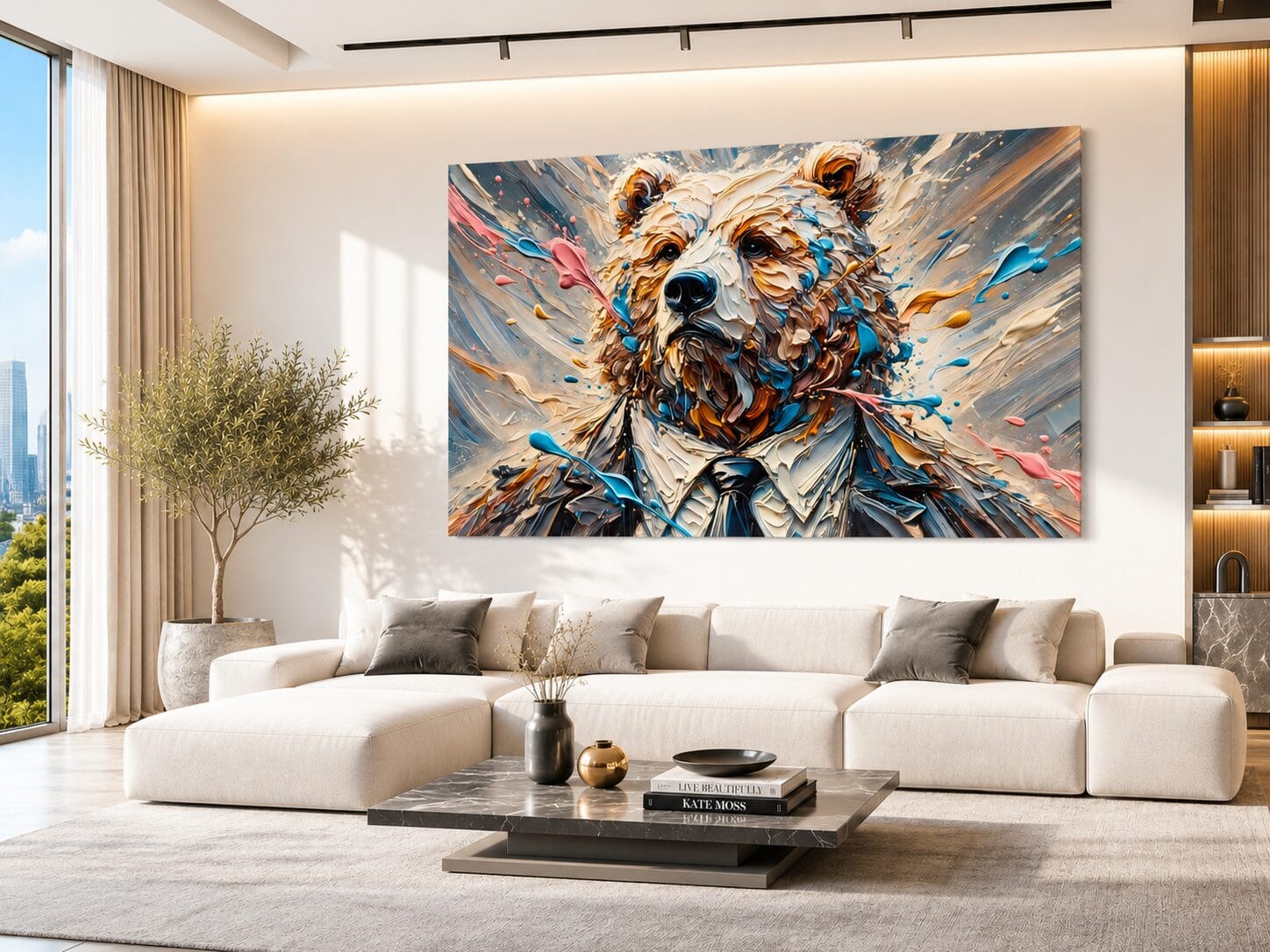 Œuvre contemporaine représentant un ours élégant dans un salon lumineux – MISTER & CO.