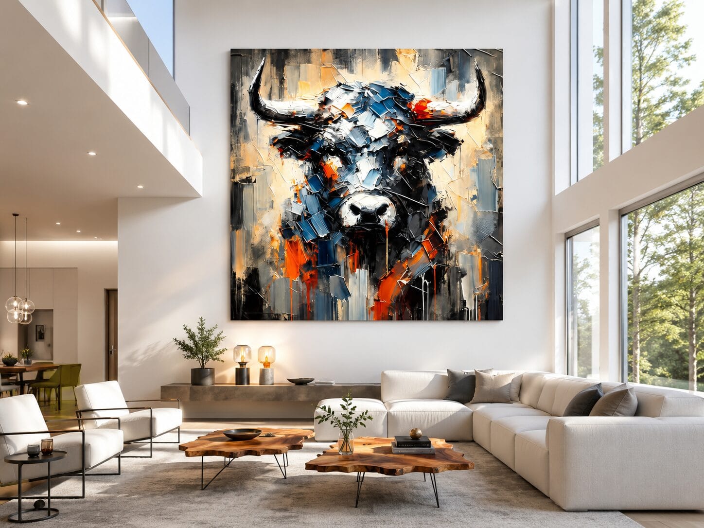 Œuvre contemporaine représentant un taureau dans un salon moderne et lumineux – MISTER & CO.