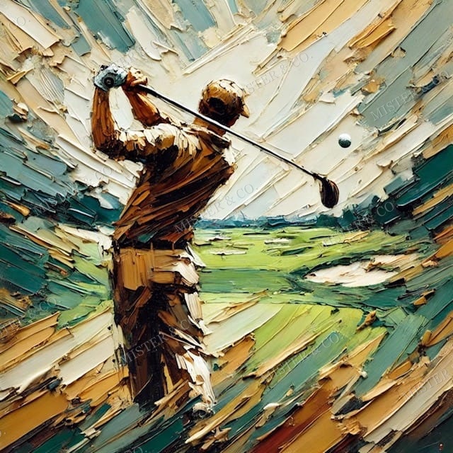 golfeur sous lumière dorée, balle suspendue